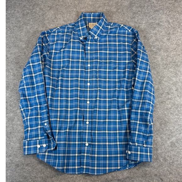 LL Bean Button Down Shirt Mens Medium Blue Plaid Traditional Fit Western Retro - Picture 1 of 5